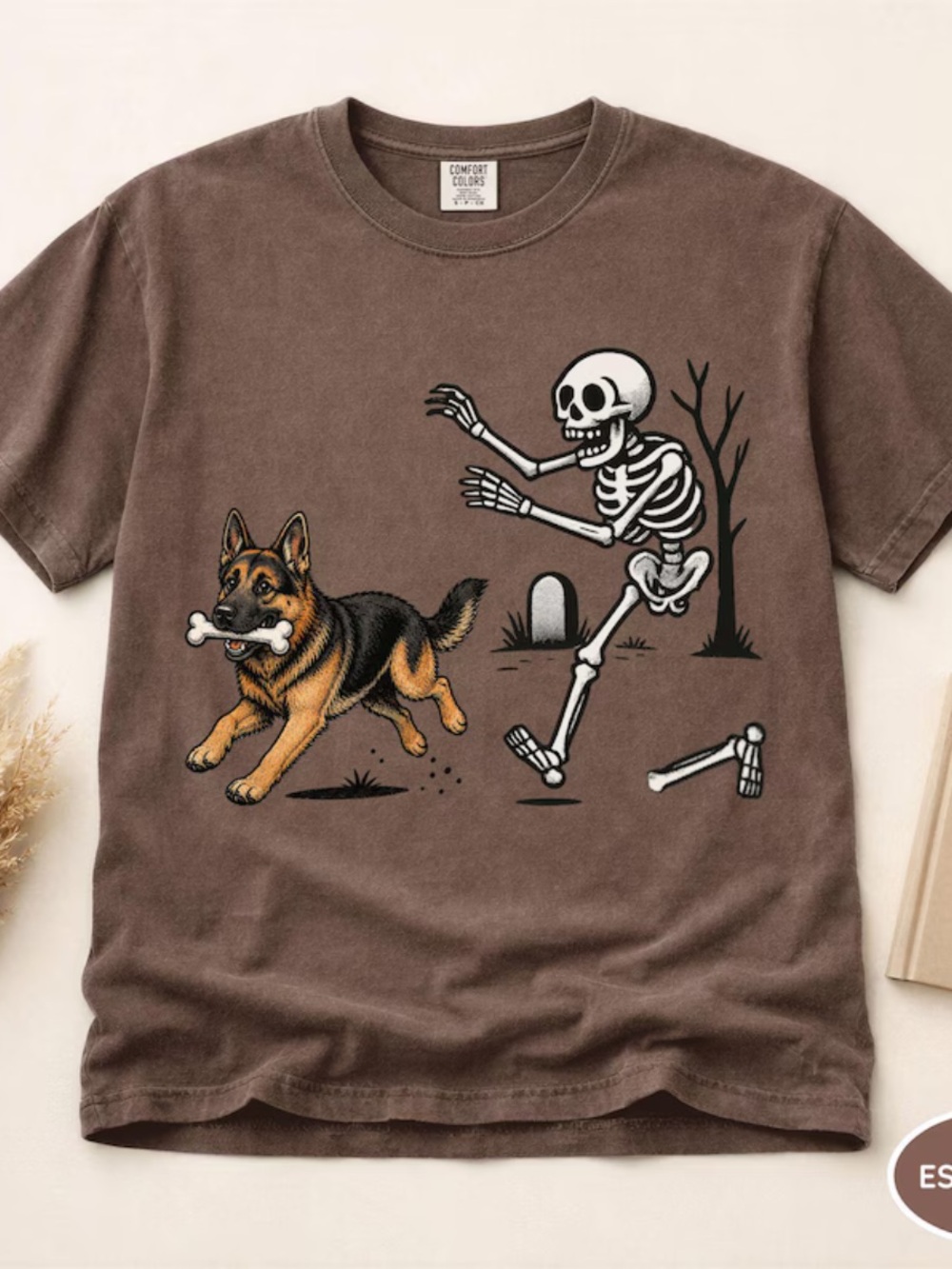 Comfort Colors Espresso Tee with German Shepherd & Skeleton Chase Graphic